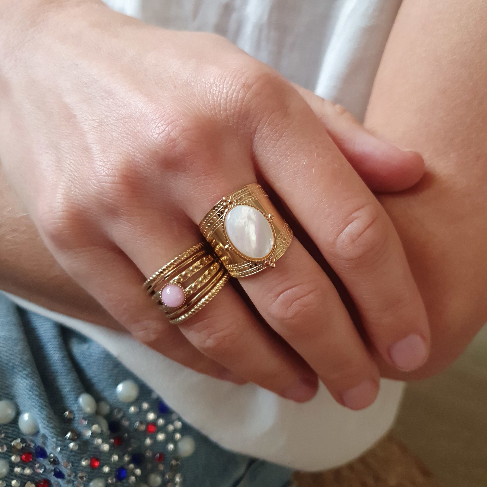 Eve's Gifts Gold plated boho stainless steel ring with white stone