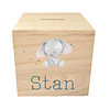 Houten spaarpot met naam - Olifant blauw