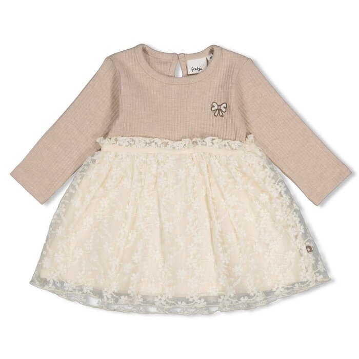 Feetje Jurk met geborduurd tule Taupe melange - Dress to Impress