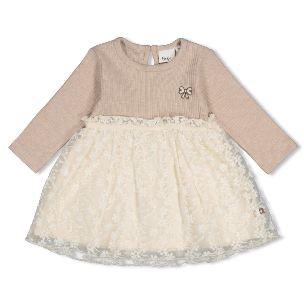 Feetje Jurk met geborduurd tule Taupe melange - Dress to Impress