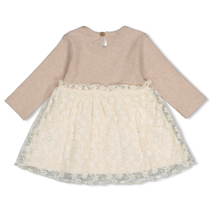 Feetje Jurk met geborduurd tule Taupe melange - Dress to Impress