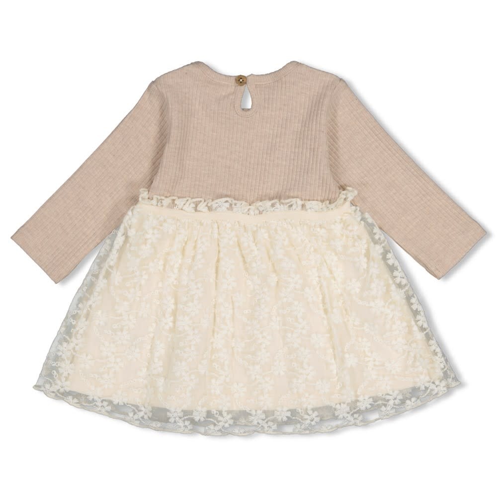 Feetje Jurk met geborduurd tule Taupe melange - Dress to Impress