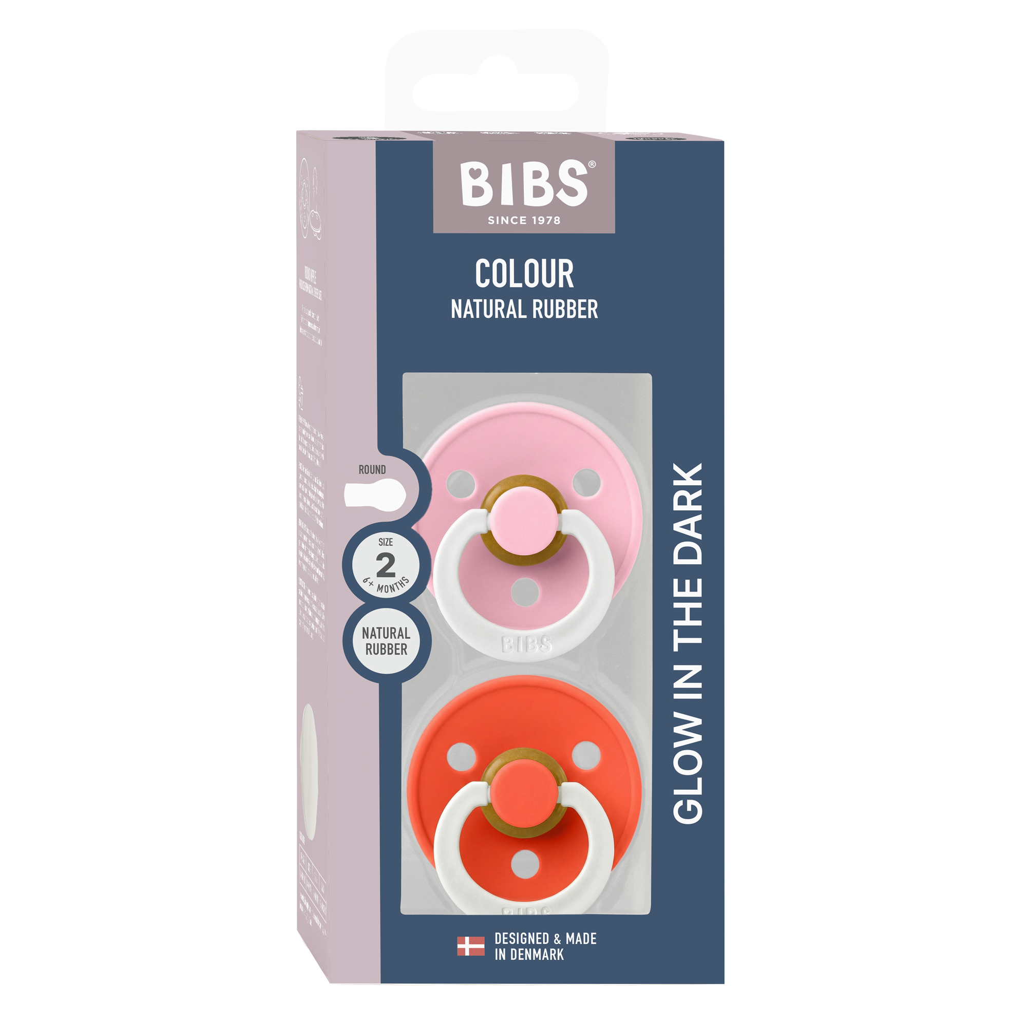 Bibs Ronde speen 2-pack natuurrubber Glow Baby Pink/Tango - maat 2