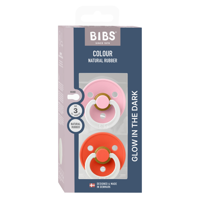Bibs Ronde speen 2-pack natuurrubber Glow Baby Pink/Tango - maat 3
