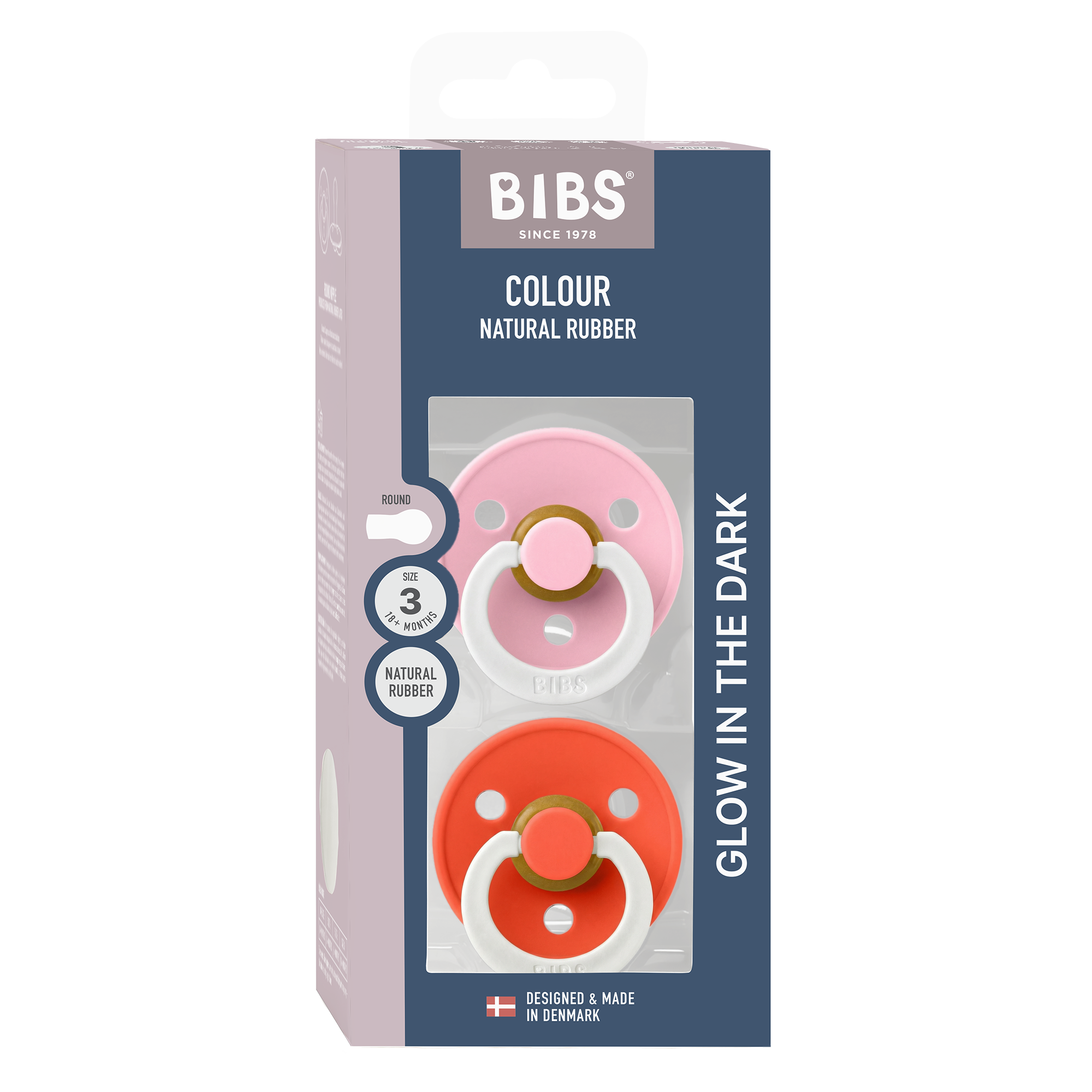 Bibs Ronde speen 2-pack natuurrubber Glow Baby Pink/Tango - maat 3