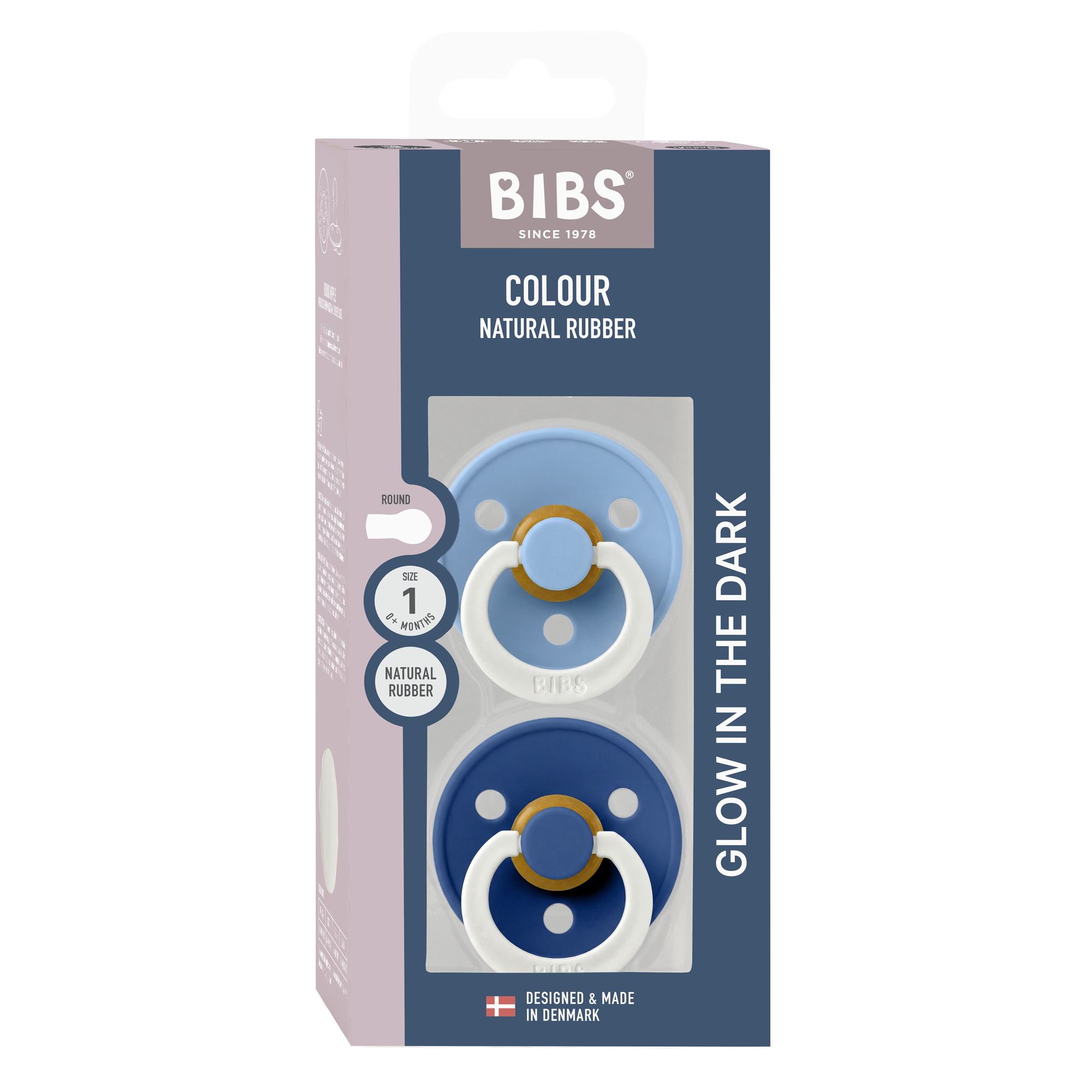 Bibs Ronde speen 2-pack natuurrubber Glow Sky Blue/Cornflower - maat 1