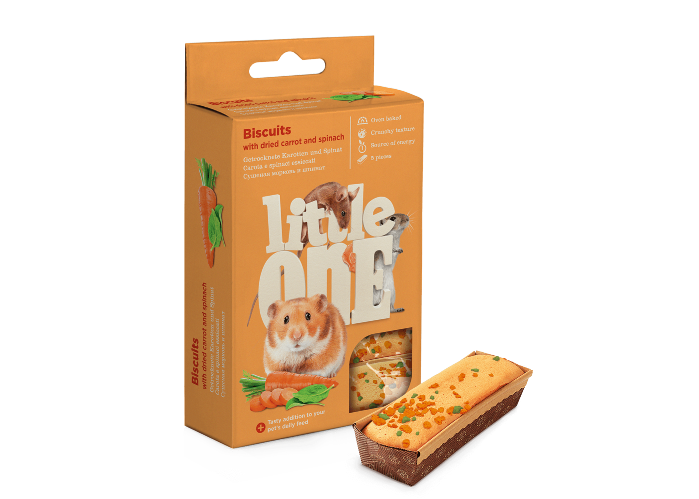 Little One Biscotti con carota secca e spinaci per piccoli animali, 5x7 g