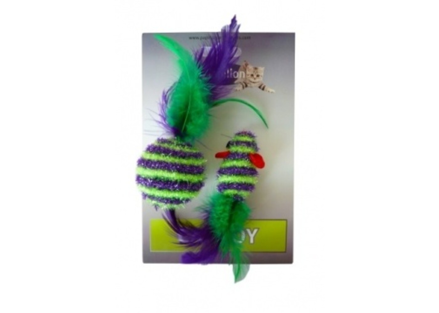 Papillon Pet Products Topolino glitterato di 5 cm e palla glitterata di 4 cm con piuma su cartoncino