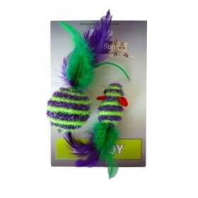 Papillon Pet Products Topolino glitterato di 5 cm e palla glitterata di 4 cm con piuma su cartoncino