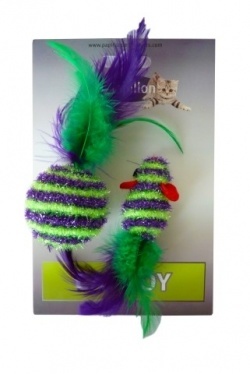 Papillon Pet Products Glitter mouse 5 cm and glitter ball 4 cm with feather on card