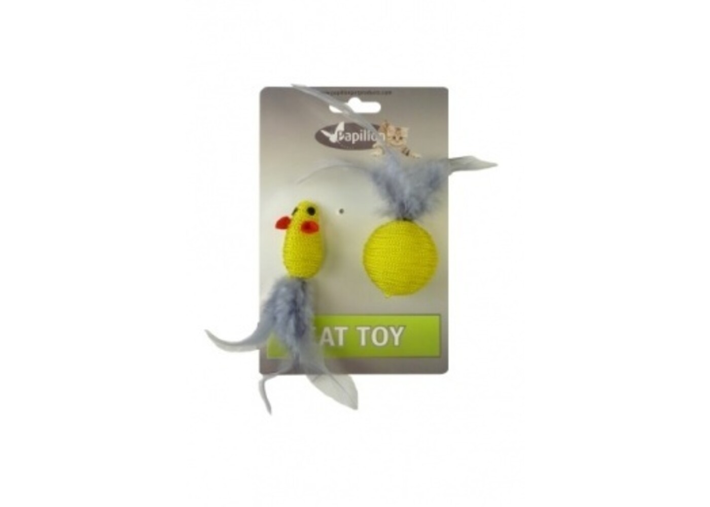 Papillon Pet Products Topolino glitterato di 5 cm e palla glitterata di 4 cm con piuma su cartoncino