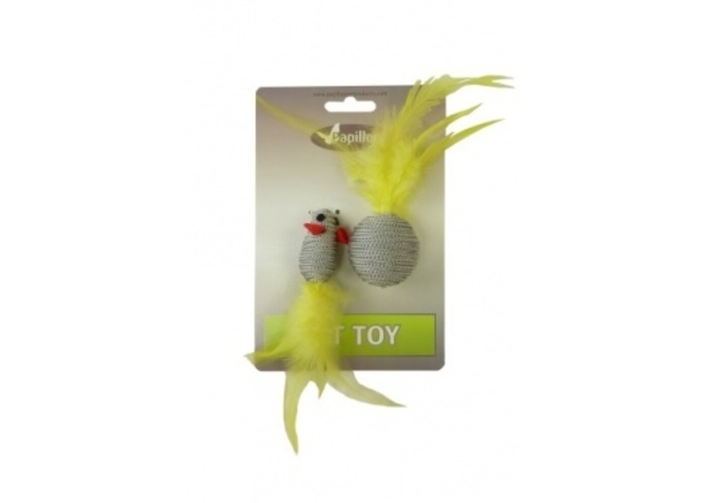 Papillon Pet Products Topolino glitterato di 5 cm e palla glitterata di 4 cm con piuma su cartoncino