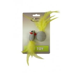 Papillon Pet Products Topolino glitterato di 5 cm e palla glitterata di 4 cm con piuma su cartoncino