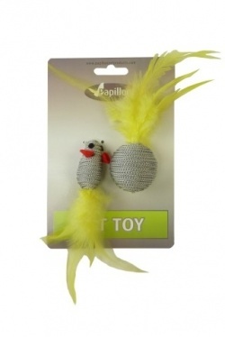 Papillon Pet Products Topolino glitterato di 5 cm e palla glitterata di 4 cm con piuma su cartoncino