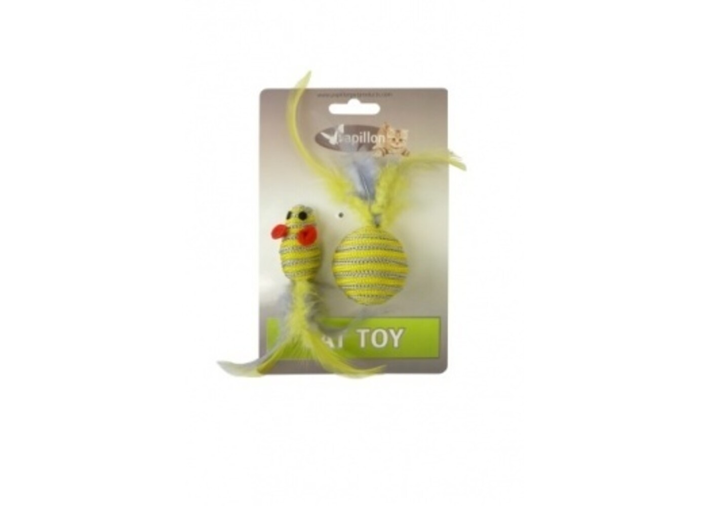 Papillon Pet Products Topolino glitterato di 5 cm e palla glitterata di 4 cm con piuma su cartoncino