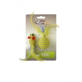 Papillon Pet Products Topolino glitterato di 5 cm e palla glitterata di 4 cm con piuma su cartoncino