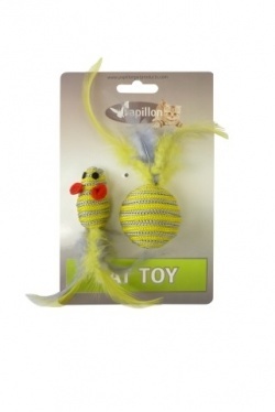 Papillon Pet Products Topolino glitterato di 5 cm e palla glitterata di 4 cm con piuma su cartoncino