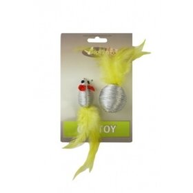 Papillon Pet Products Topolino glitterato di 5 cm e palla glitterata di 4 cm con piuma su cartoncino