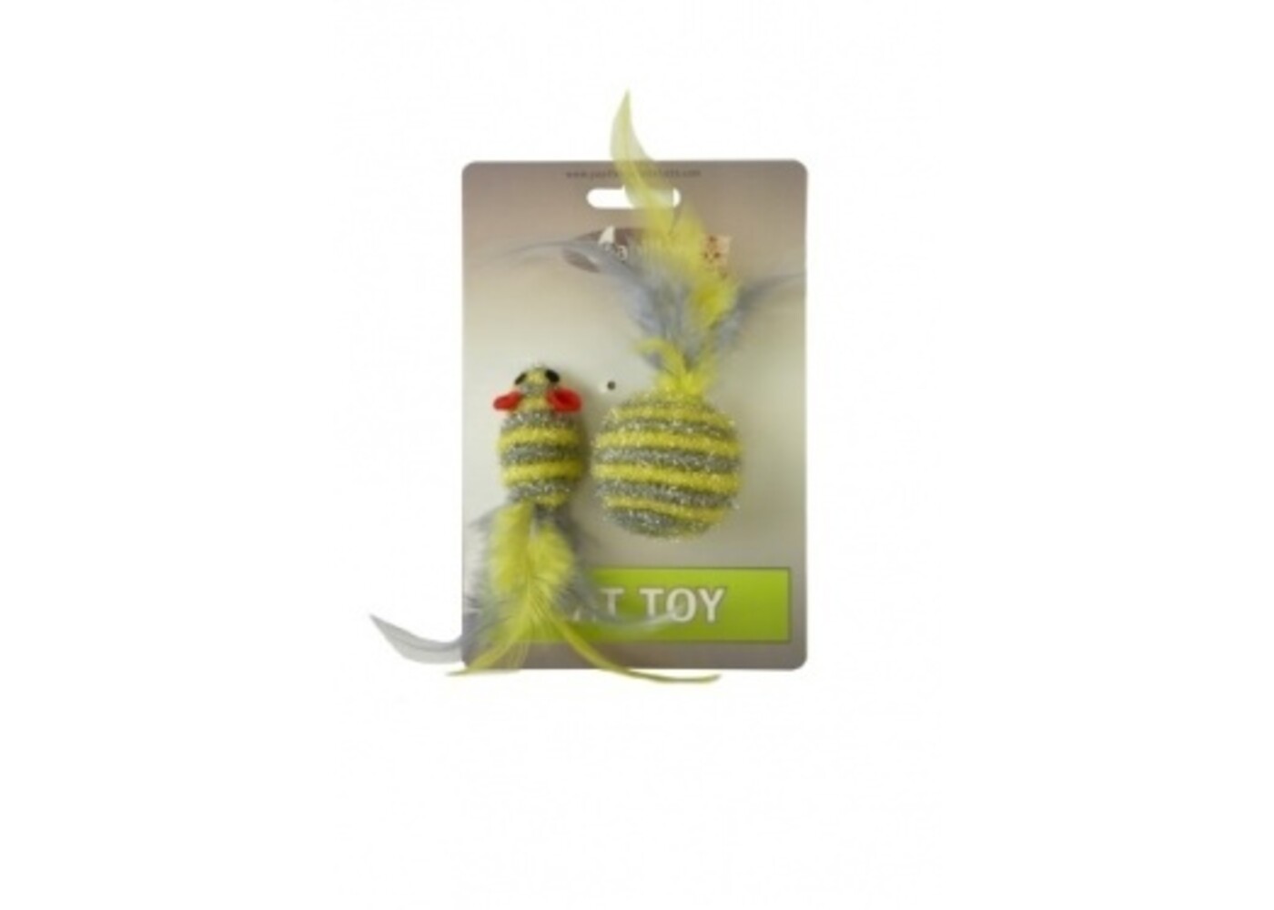 Papillon Pet Products Topolino glitterato di 5 cm e palla glitterata di 4 cm con piuma su cartoncino