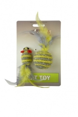 Papillon Pet Products Topolino glitterato di 5 cm e palla glitterata di 4 cm con piuma su cartoncino