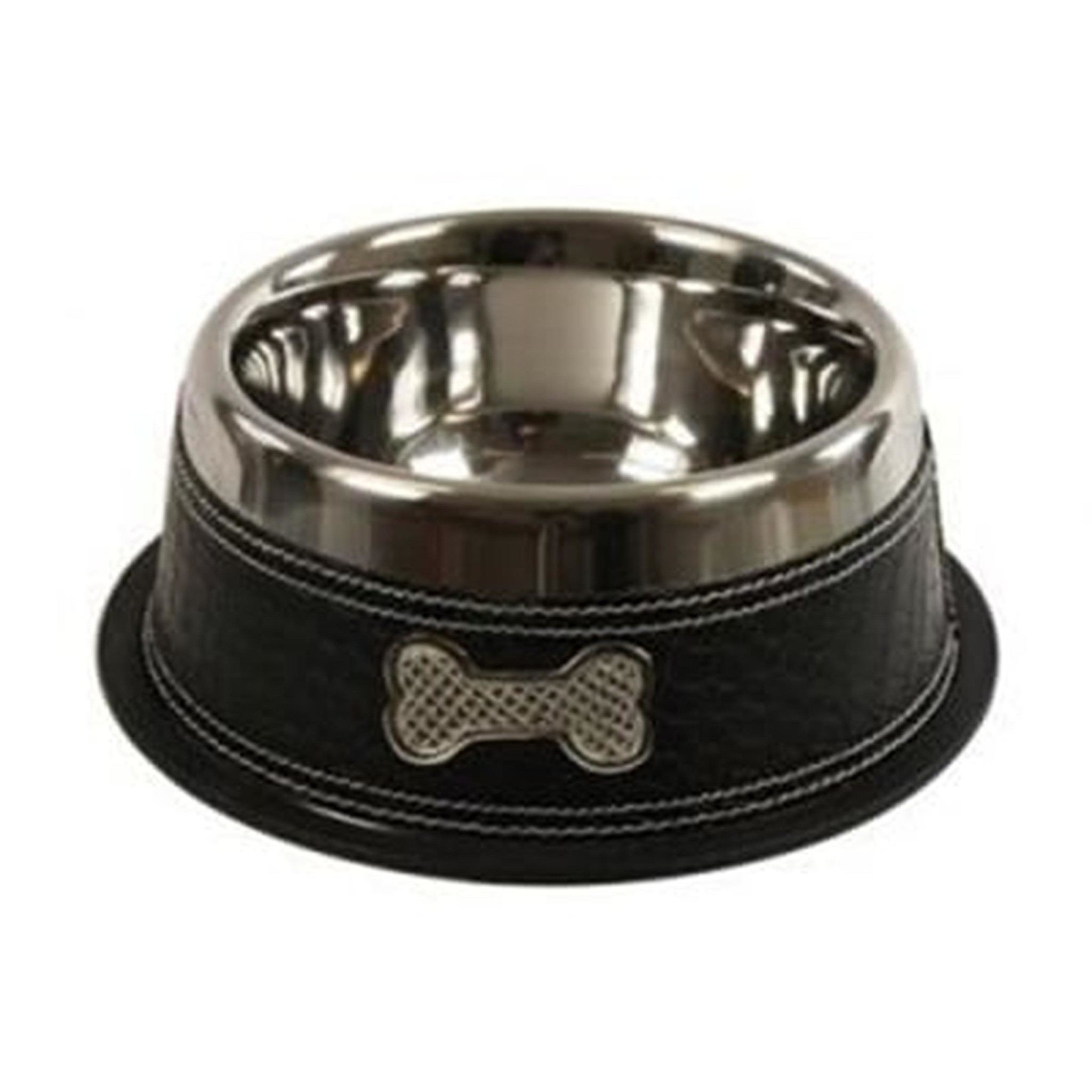 Honden voerbak RVS met leer - 26 cm