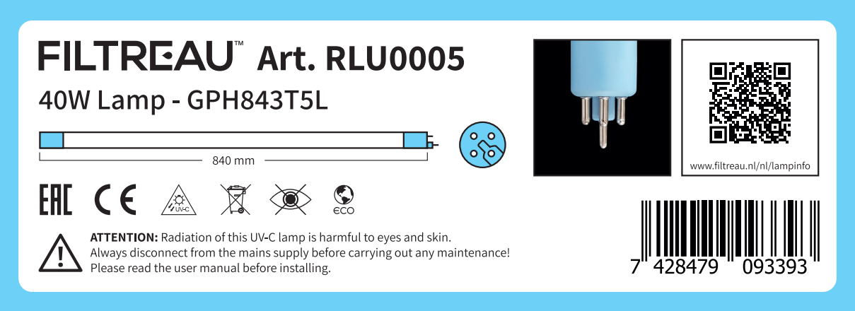 Vervangingslamp 840mm short-pin T5 40W blauw lampvoetje