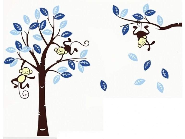 Muursticker boom met aapjes blauw babykamer