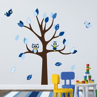 Muursticker boom met uilen en vogels kinderkamer jongen