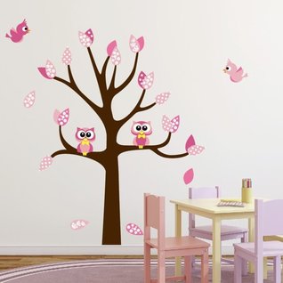 Muursticker roze boom met uilen en vogels meisjeskamer Muursticker roze boom met uilen en vogels meisjeskamer