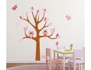 Muursticker roze boom met uilen en vogels meisjeskamer