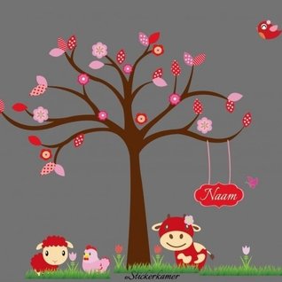 Muursticker boom met tulpen en dieren Muursticker boom met tulpen en dieren