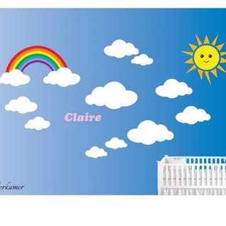 Kinderkamer muursticker met wolken, regenboog, zon en eigen naam Kinderkamer muursticker met wolken, regenboog, zon en eigen naam