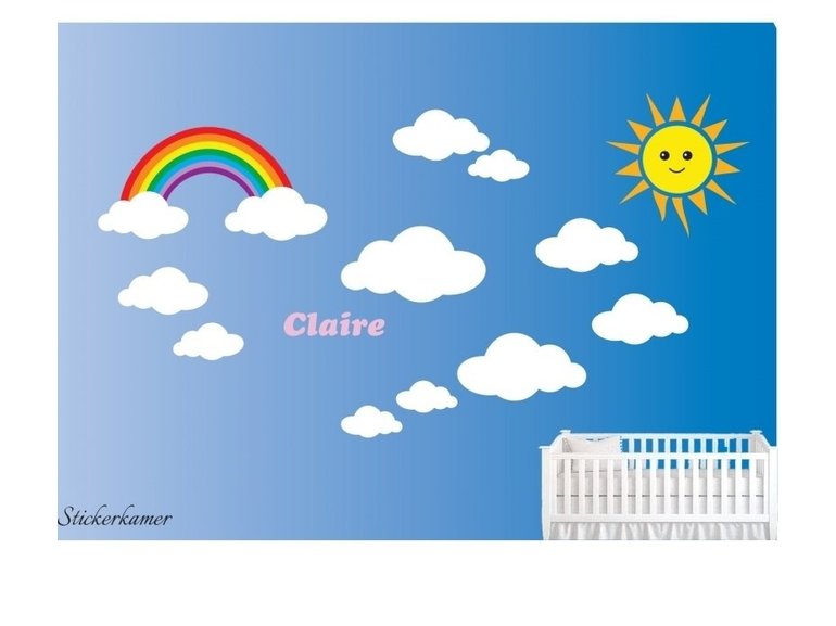 Kinderkamer muursticker met wolken, regenboog, zon en eigen naam