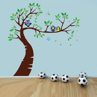 Muursticker jungle boom met groene blaadjes en uilen Muursticker jungle boom met groene blaadjes en uilen