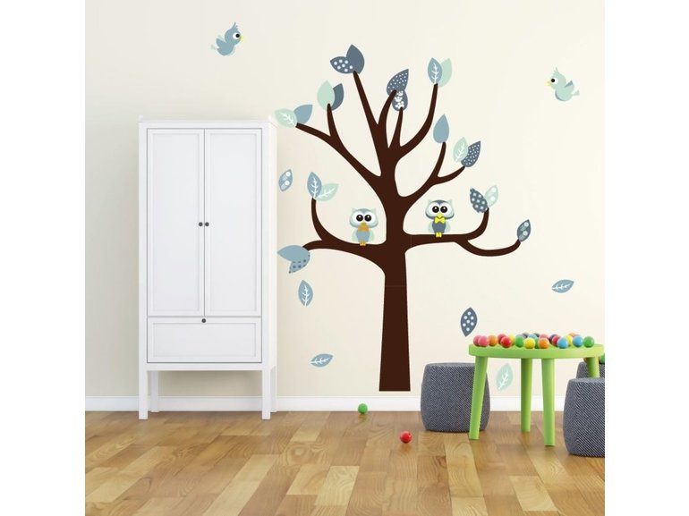 Muursticker boom met uilen en vogels kinderkamer (mint)