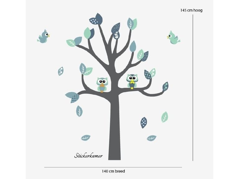 Muursticker boom met uilen en vogels kinderkamer (mint)