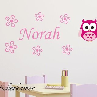 Muursticker naamsticker met uil en bloemetjes (roze)