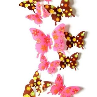Muursticker 3d vlinders (bruin en roze) Muursticker 3d vlinders (bruin en roze)