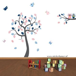 Muursticker boom met tak en uiltjes babykamer (blauw/roze)
