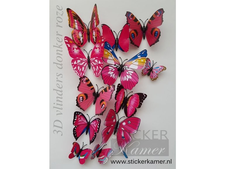 Muursticker kleurrijke 3D vlinders roze - 12 stuks