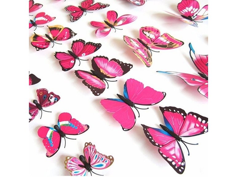 Muursticker kleurrijke 3D vlinders roze - 12 stuks