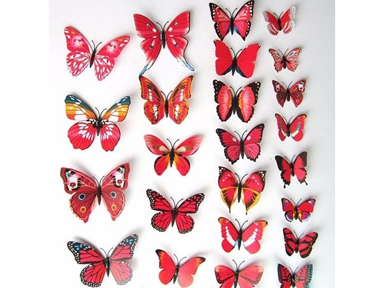 Muursticker kleurrijke 3D vlinders rood - 12 stuks