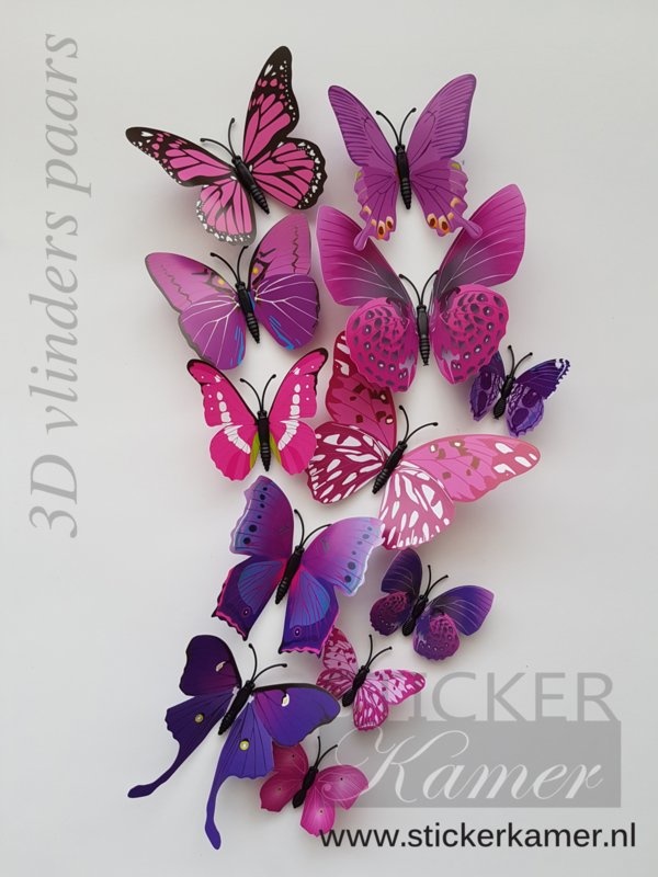 Muursticker kleurrijke 3D vlinders paars - 12 stuks