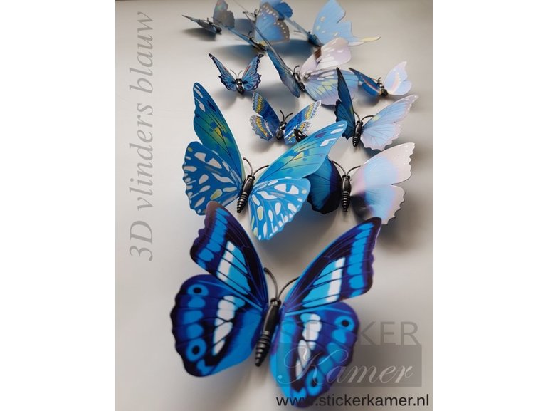 Muursticker kleurrijke 3D vlinders blauw - 12 stuks