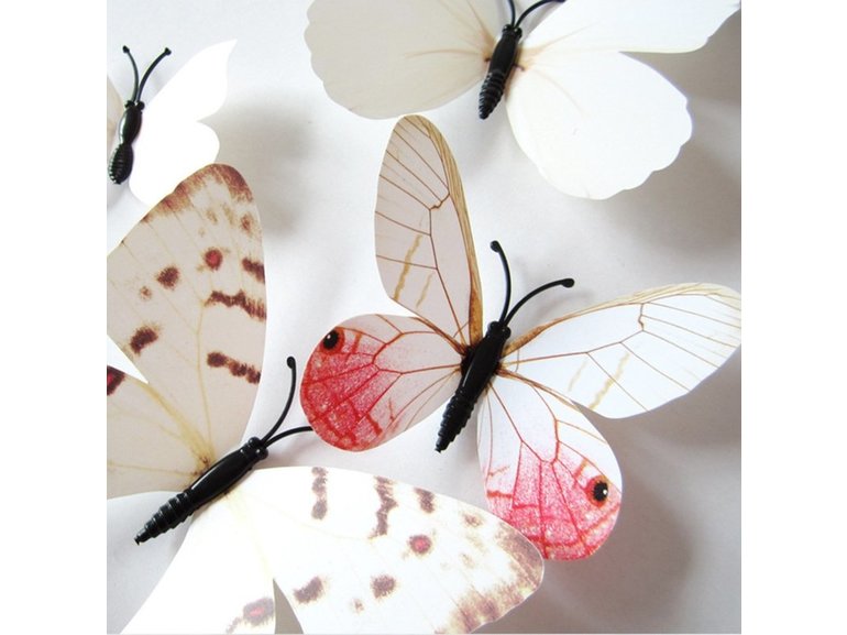 Muursticker kleurrijke 3D vlinders wit - 12 stuks