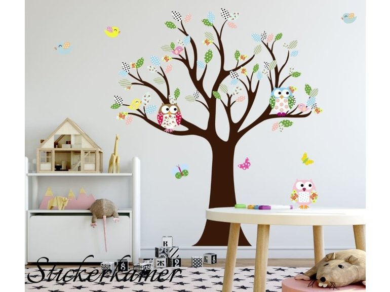 Muursticker boom met uilen en vogels babykamer