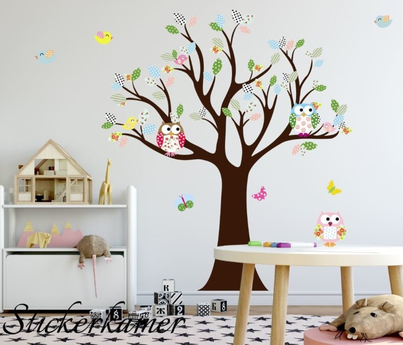 Muursticker boom met uilen en vogels babykamer