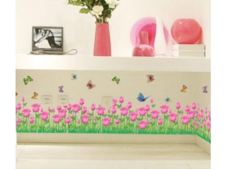 Muursticker bloemen / tulpen strook vlinders roze kinderkamer