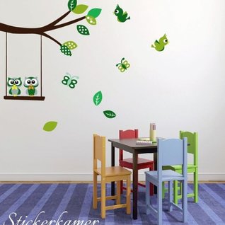 Muursticker tak met uilen en vogels groen kinderkamer Muursticker tak met uilen en vogels groen kinderkamer