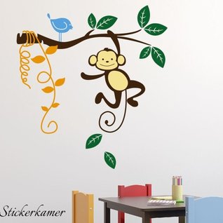 Muursticker tak met aapje en vogeltjes kinderkamer